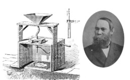 Benjamin Chew Tilghman et le mécanisme de son invention. Unique en son genre, l'appareil permit pour la première fois de graver le verre et le cristal grâce au sable © Twitter